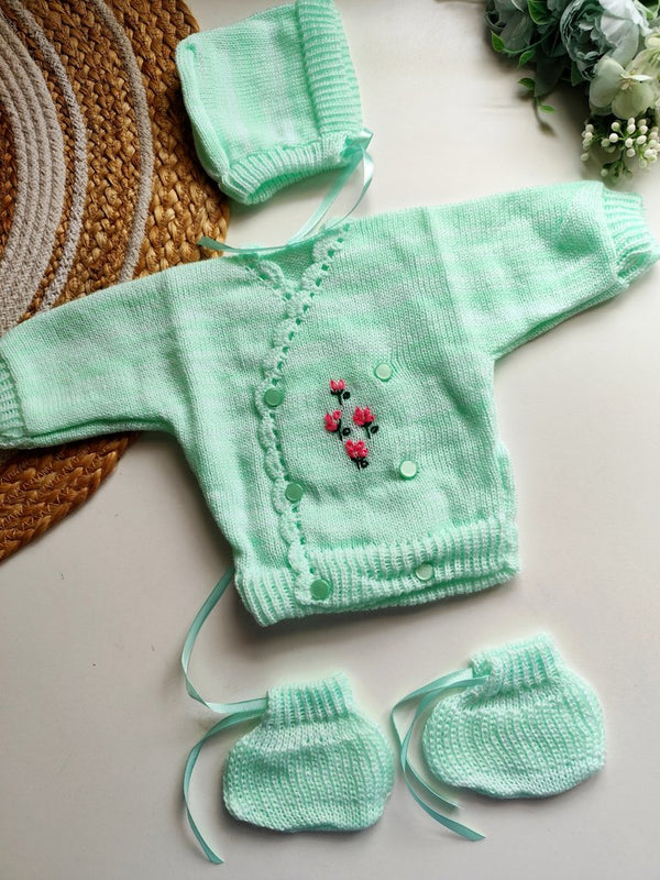 Kimono Sweater Set- Mint Green with Embroidered Flowers