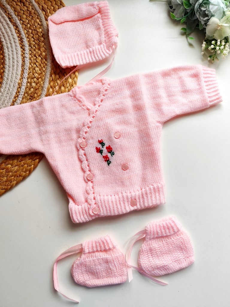 Kimono Sweater Set- Baby Pink Floral Embroidery