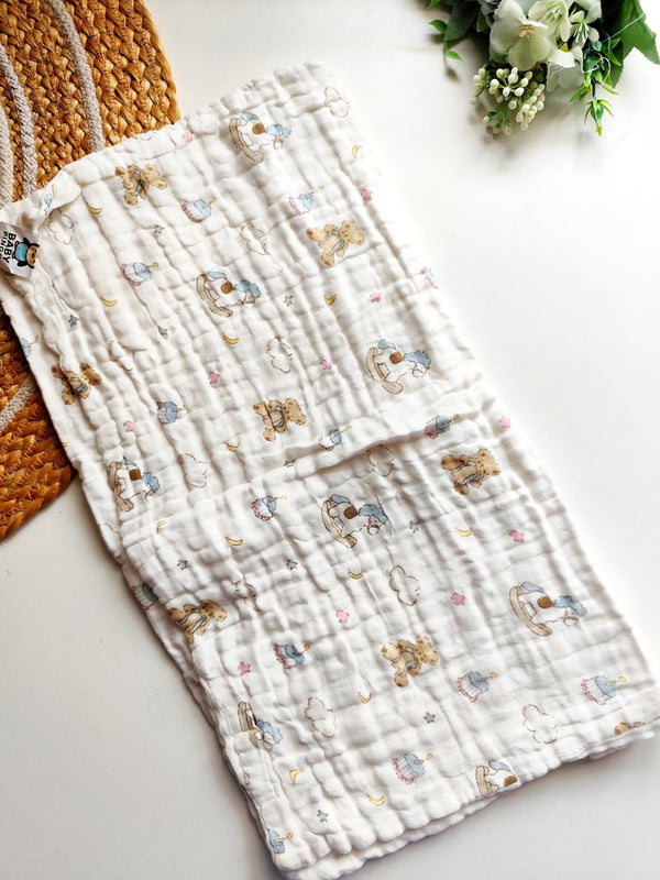 6 layered Crinkled Muslin Towels- Teddy Bear & Rocking Horse