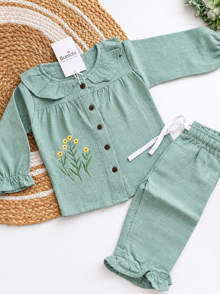 Girl Muslin Co ords - Sage Green Floral Embroidery