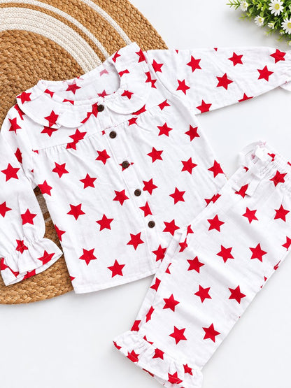 Girl Muslin Co ords - Red Star Print