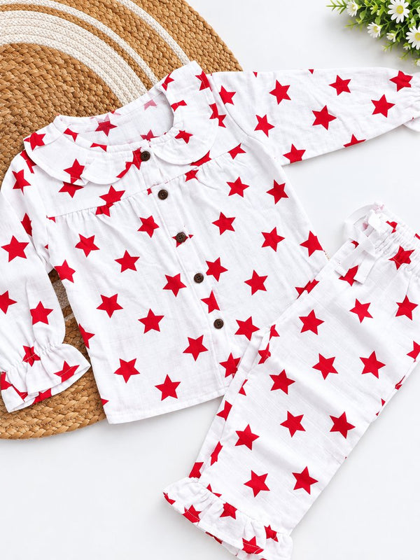 Girl Muslin Co ords - Red Star Print