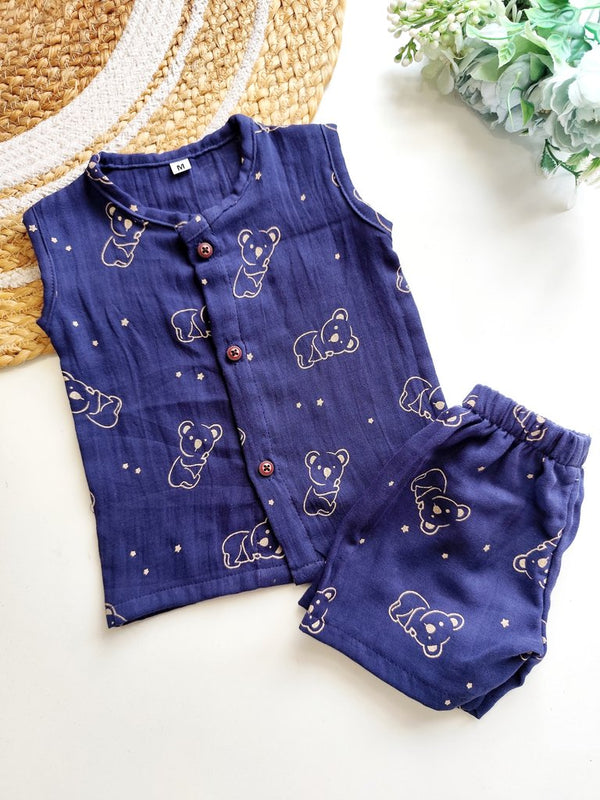 Muslin Sleeveless Co ord- Navy Blue Koala Print