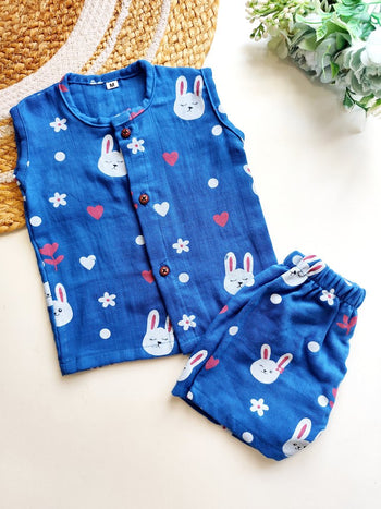 Muslin Sleeveless Co ord- Blue Bunny Print