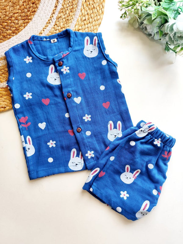 Muslin Sleeveless Co ord- Blue Bunny Print