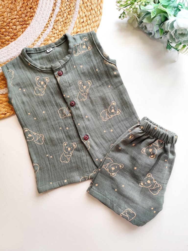 Muslin Sleeveless Co ord- Sage Green Koala Print