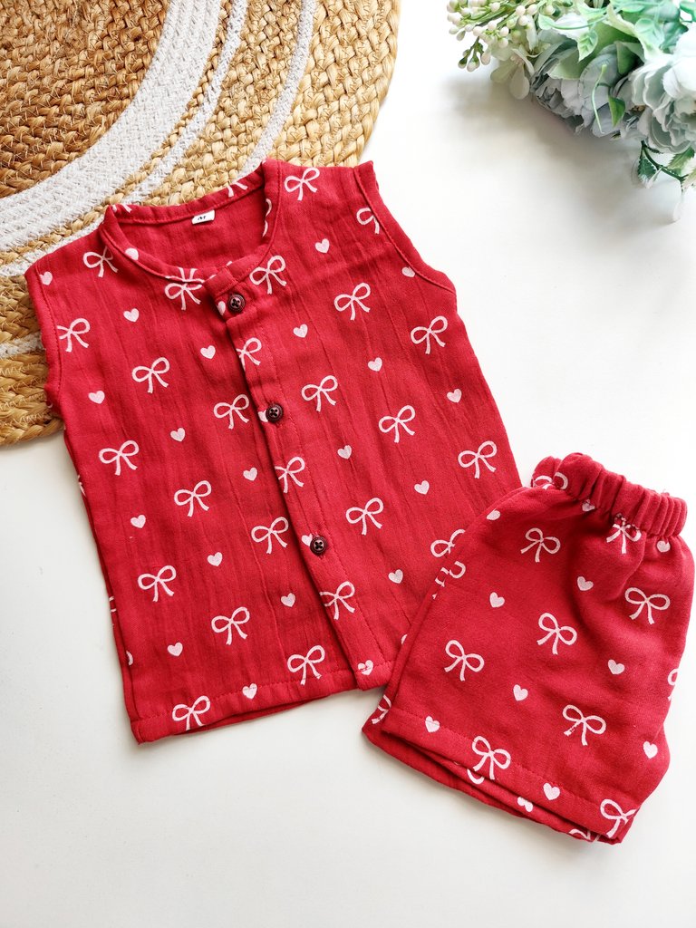 Muslin Sleeveless Co ord- Red Bow Print