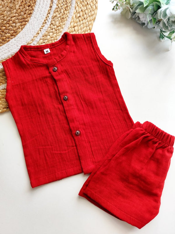 Muslin Sleeveless Co ord- Bright Red
