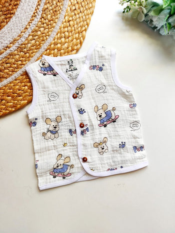 Sleeveless Crinkled Muslin Jablas- Cute Puppy Print