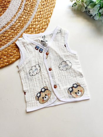 Sleeveless Crinkled Muslin Jablas- Aviator Bear