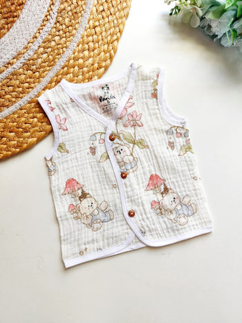 Sleeveless Crinkled Muslin Jablas- Mushroom Bear