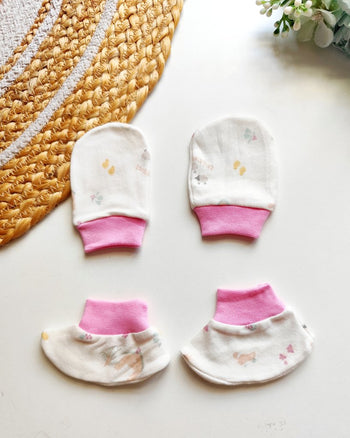 Mitten Booties Set- Pastel Animal Print with Pink Cuffs