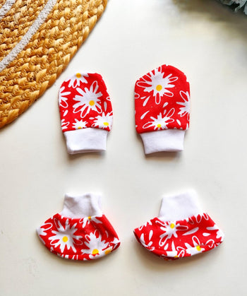 Mitten Booties Set- Red Daisy Print