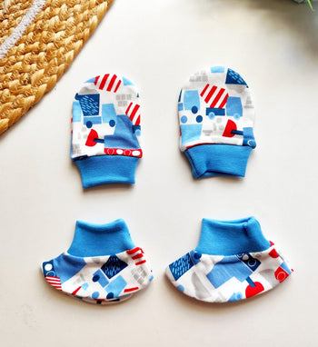 Mitten Booties Set- Blue Construction Print