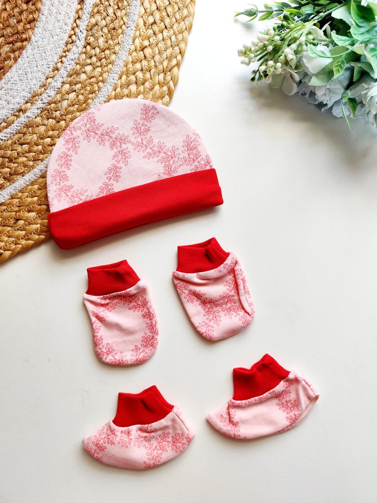 Cap Mitten Booties Set- Pink and Red Floral Print