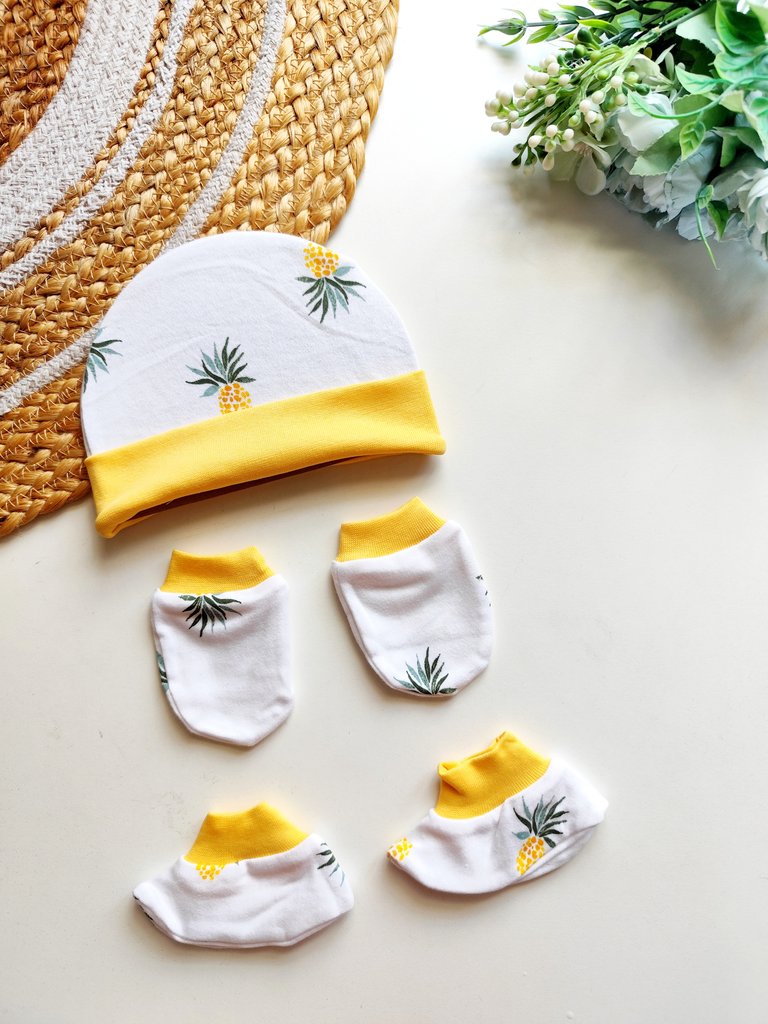 Cap Mitten Booties Set- Yellow Pineapple Print