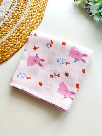 Muslin Bath Towel- Pink Bunny Print (70*145) cm