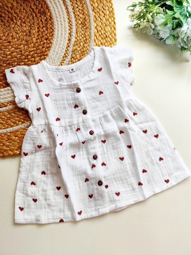 Muslin Frocks - White with Red Hearts