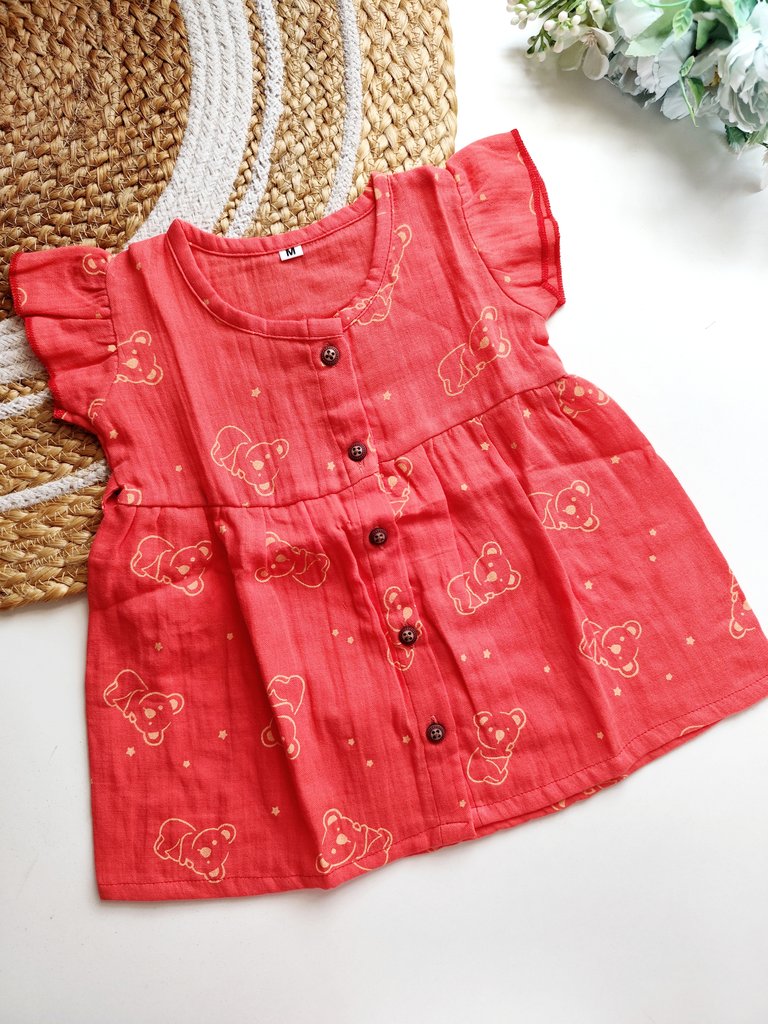 Muslin Frocks - Coral Red Teddy Bear Print