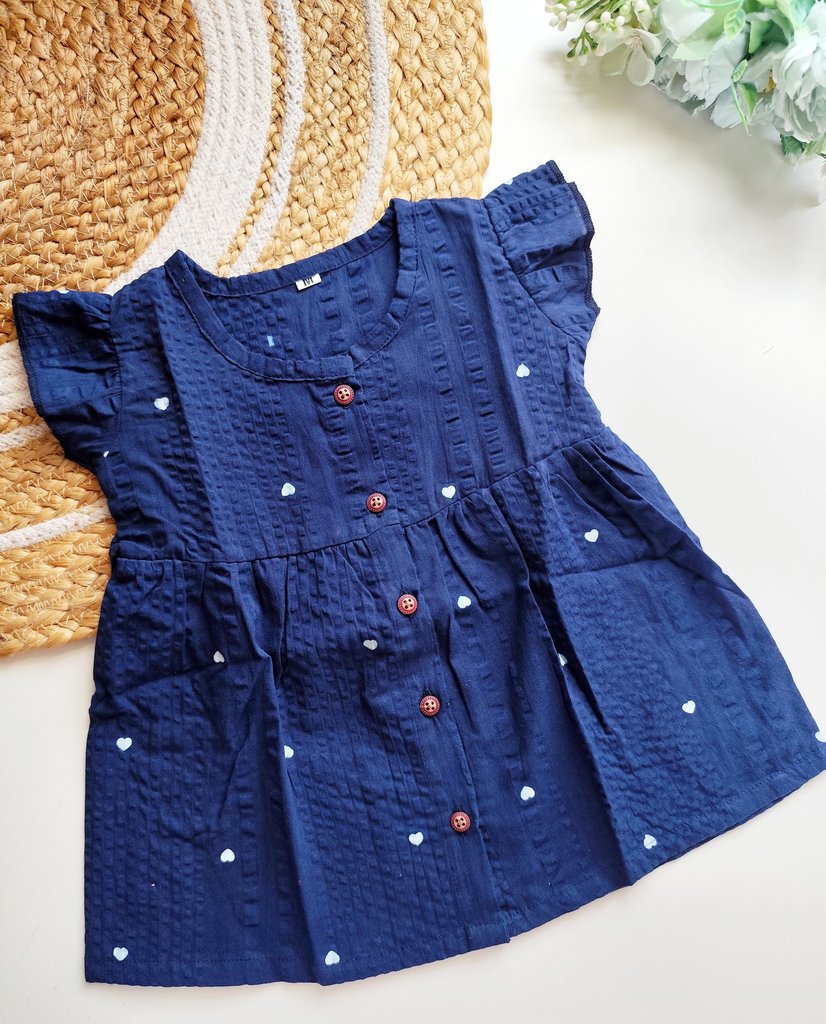 Cotton Frocks - Navy Blue with White Hearts