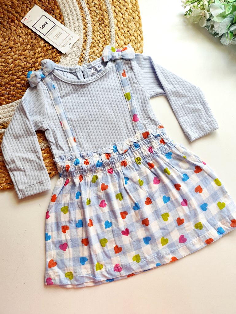 Ribbed Frocks- Light Blue Checkered Heart Print