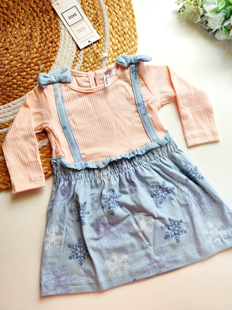 Ribbed Frocks- Peach & Blue Snowflake