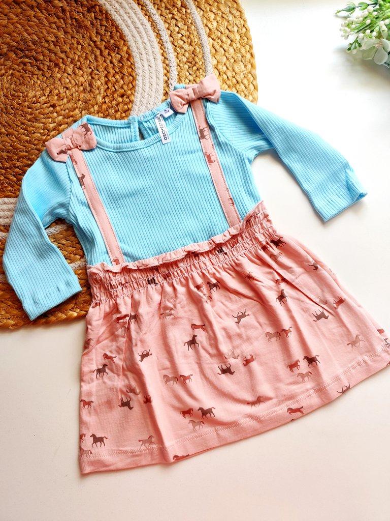 Ribbed Frocks- Sky Blue & Pink Horse Print