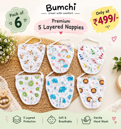 Muslin 5 Layered Nappies- PACK OF 6 [Random Prints]