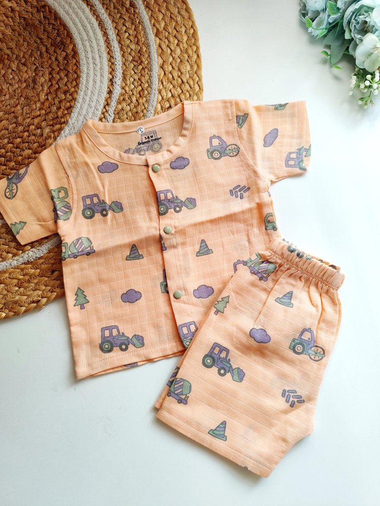 Muslin Co ords- Peach Construction Vehicles