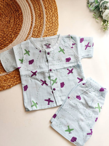 Muslin Co ords- Sky Blue Airplane Print