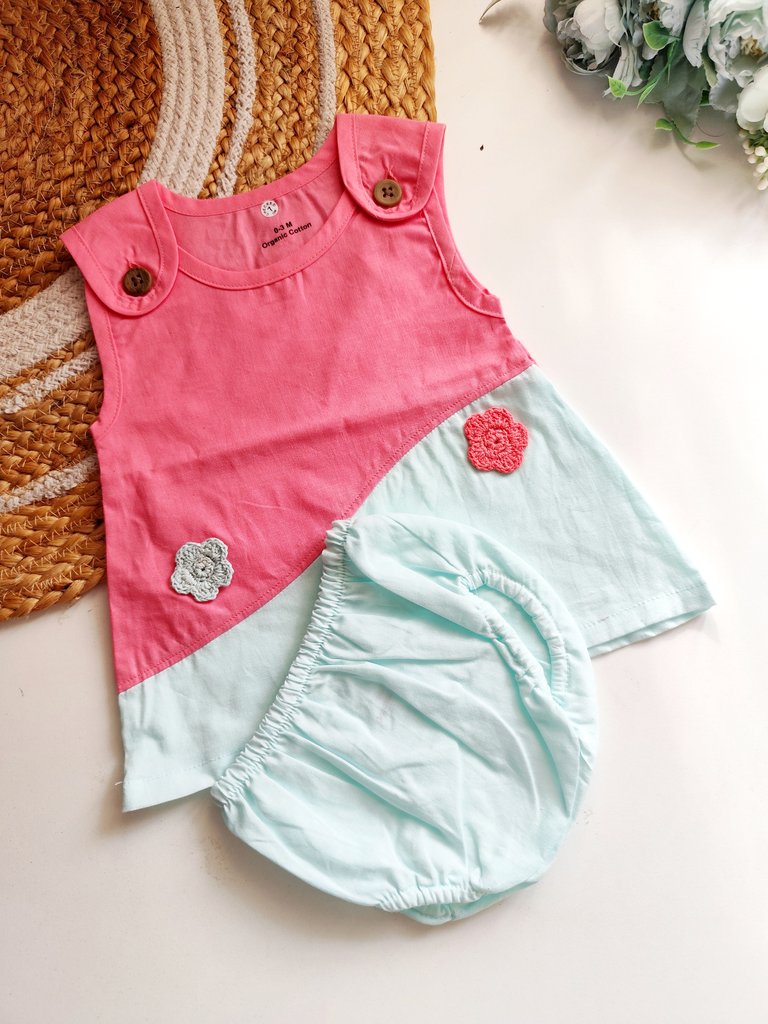 Shoulder Button Frocks Set- Pink and Mint Green Colorblock