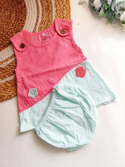 Shoulder Button Frocks Set- Pink and Mint Green Colorblock