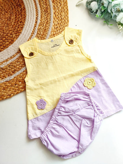 Shoulder Button Frocks Set- Pastel Yellow and Lavender Colorblock