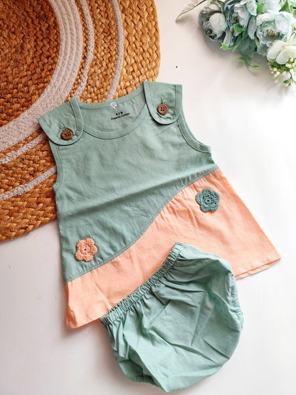 Shoulder Button Frocks Set- Sage Green and Peach Colorblock