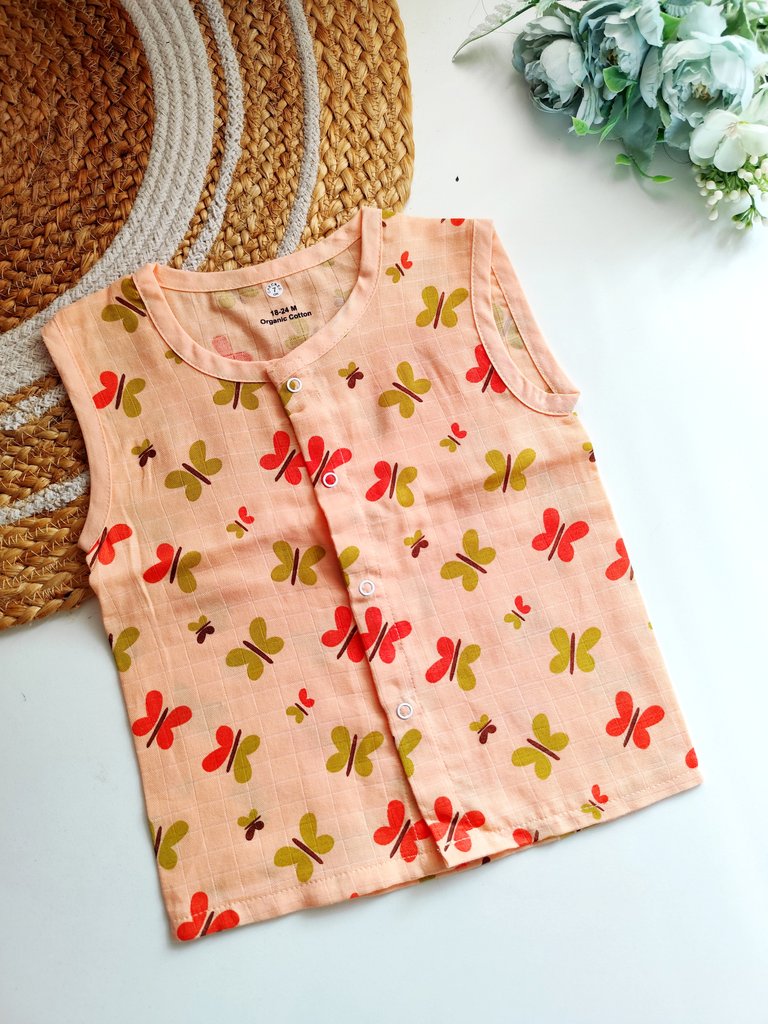 Coloured Muslin Jablas - Peach Butterfly Print
