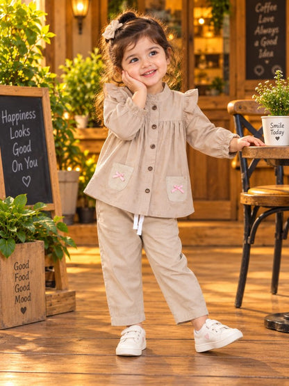 Girls Muslin co ord sets - Beige with Pink Bows