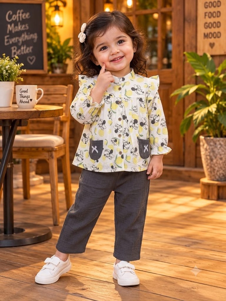 Girls Muslin co ord sets - Lemon Print & Charcoal Grey