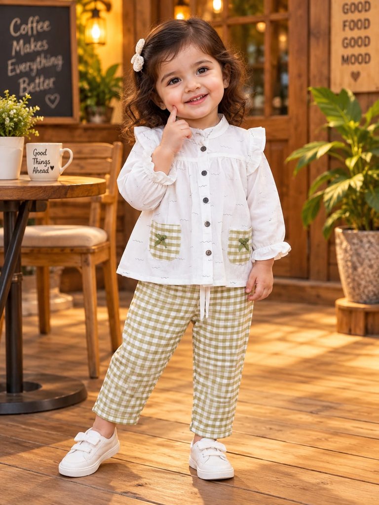 Girls Muslin co ord sets - White and Sage Green Gingham