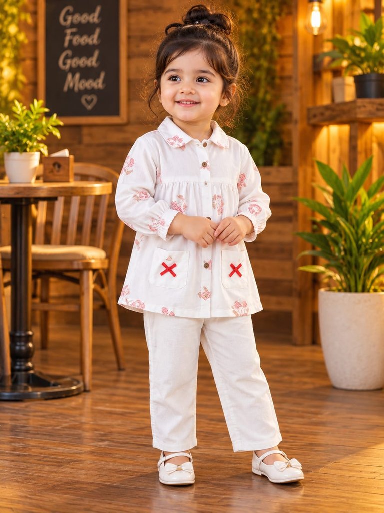 Girls Muslin co ord sets - White and Red Floral Print