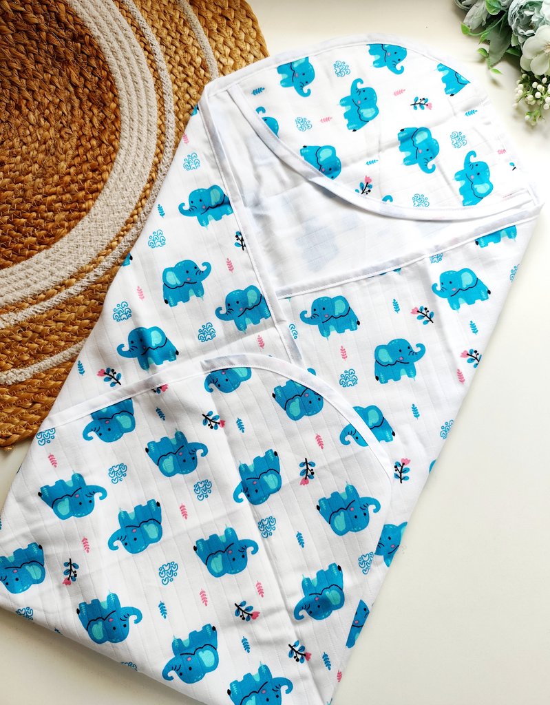 Double Layered Hooded Towel- Blue Elephant