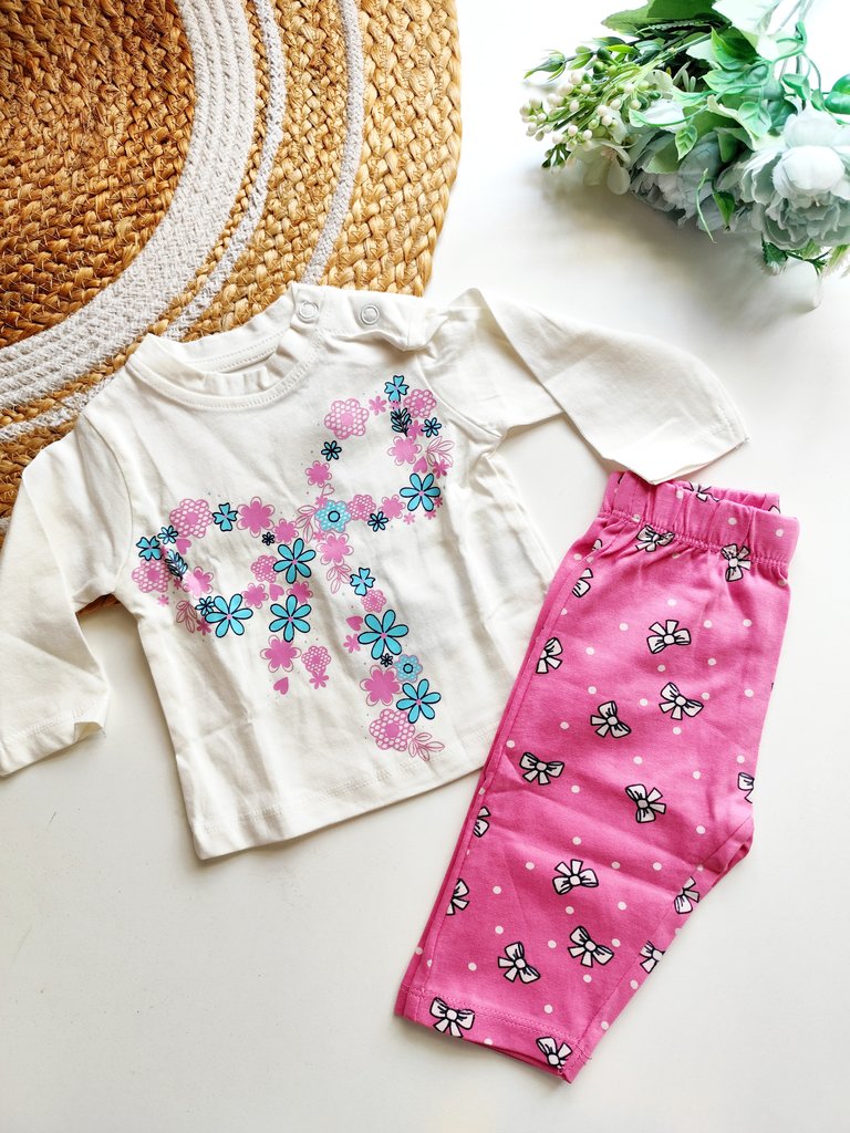 Co ord sets- Off White and Pink Floral Bow Print
