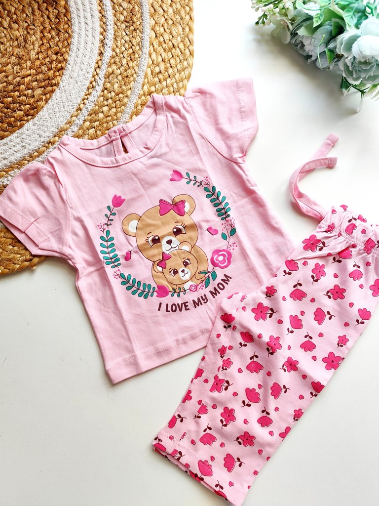Co ord sets- Pink I Love My Mom Bear Print