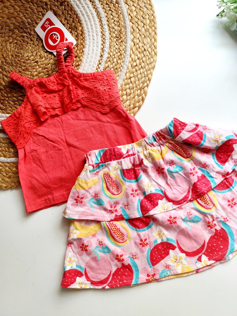 Co ords - Coral Red with Tropical Fruit Print