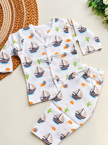 Muslin Night suits - Nautical Sailboat Print