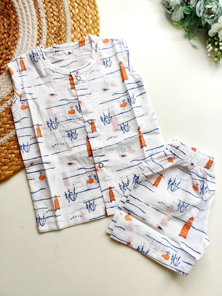 Cotton Co ords- White Nautical Lighthouse Print