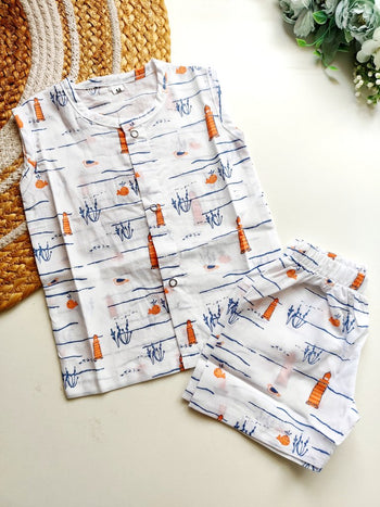 Cotton Co ords- White Nautical Lighthouse Print