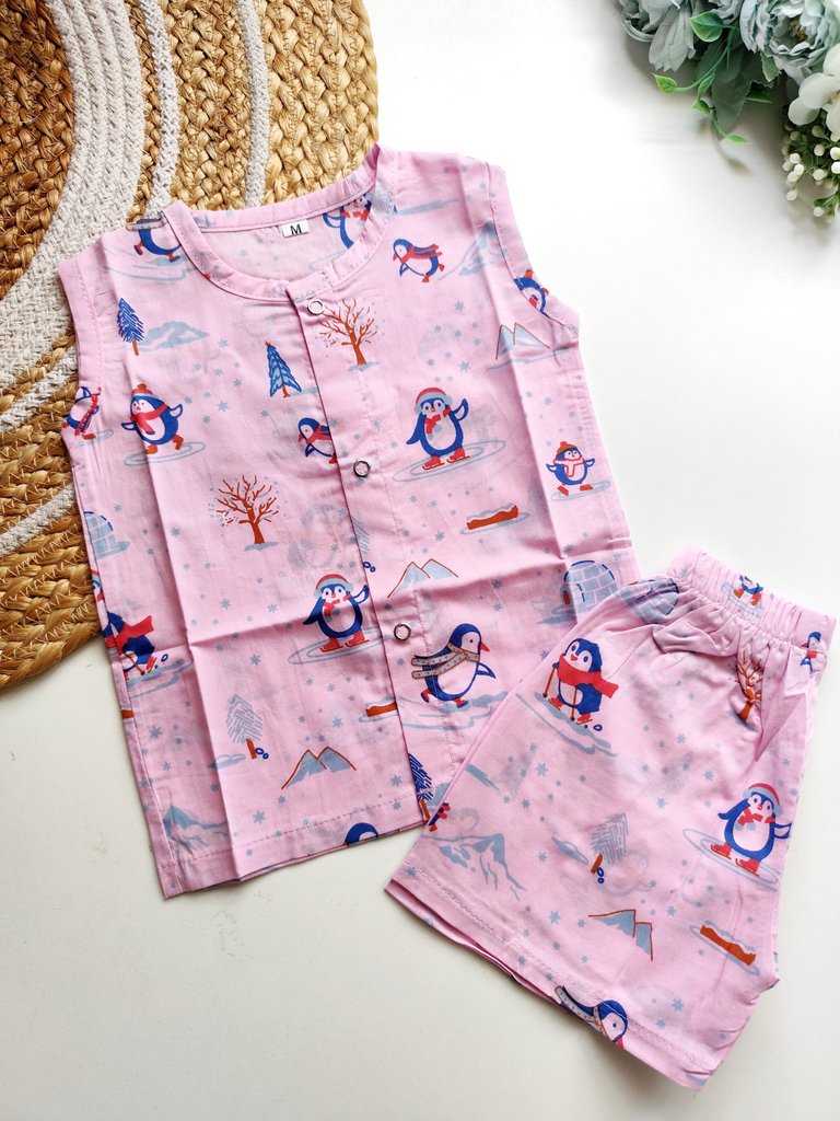 Cotton Co ords- Pink Penguin Print