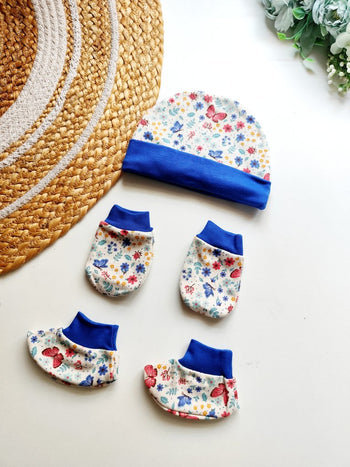 Cap Mitten Booties- Royal Blue Butterfly Floral