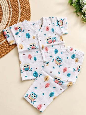 Half sleeve Muslin Co ord- Owl Print