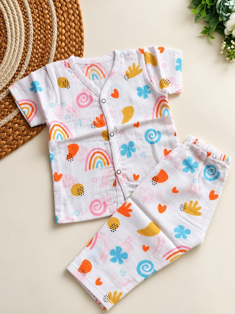 Half sleeve Muslin Co ord- Rainbow Doodle Print
